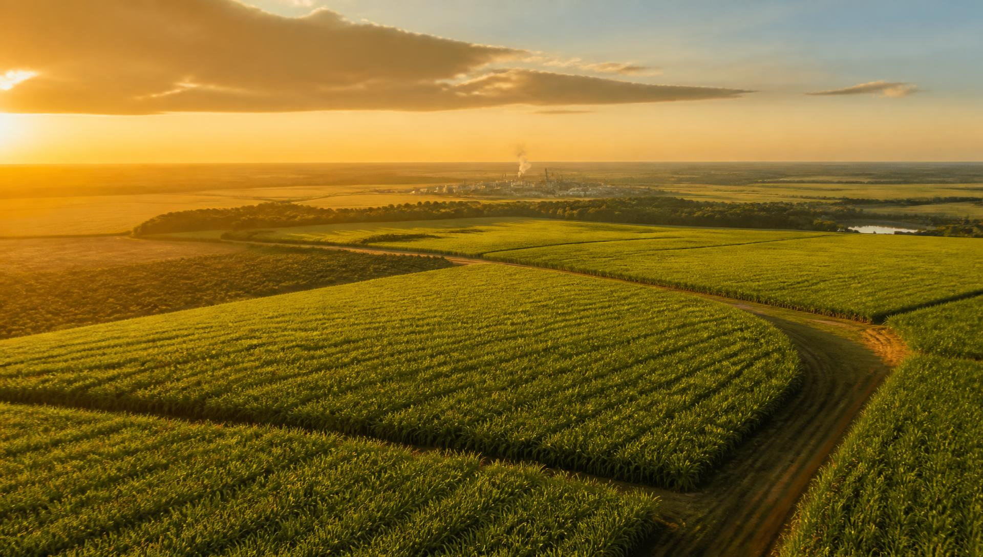 Aerial view of Brazilian sugarcane fields at sunset with a distant sugar mill