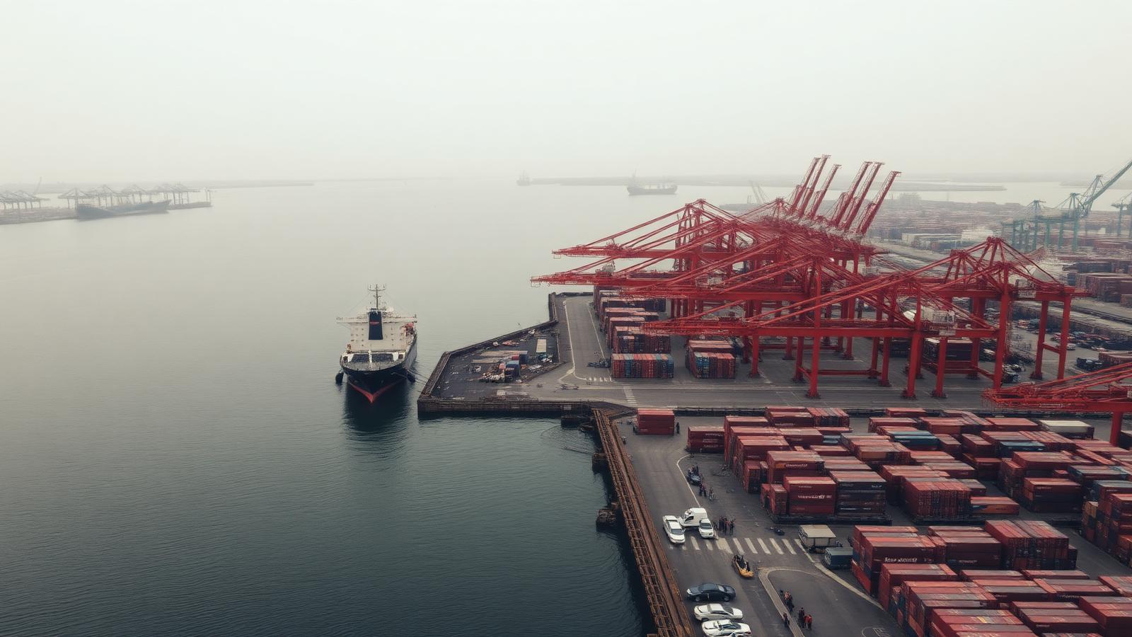 Aerial view of a bulk export terminal with vessels and cranes